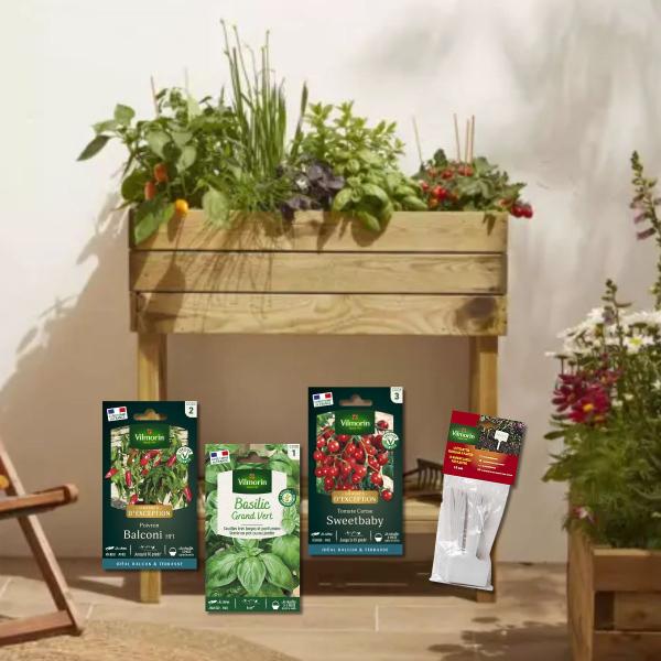 Kit de jardinage - Carré potager sur pied 50 L - Kit semis spécial balcon - face recto